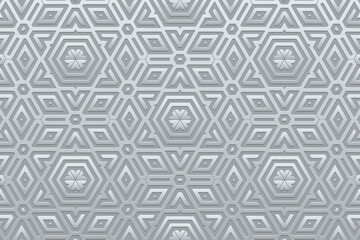 Geometric silver background, tribal cover design, banner. Festive silver 3D pattern, embossing. Textured small ornaments, arabesques, mandala of the East, Asia, India, Mexico, Aztec. Ethnic print.