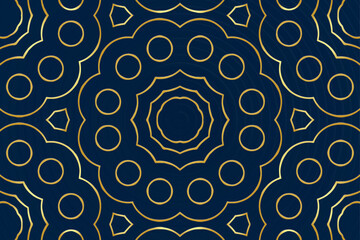 Festive blue background, cover design, banner. Geometric gold simple 3D pattern, embossing. Minimalistic ornaments, arabesques, mandala of the East, Asia, India, Mexico, Aztec, Peru. Ethnic print.