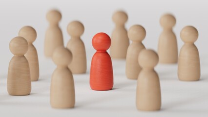 Business team leadership with one person standing out from the crowd with motivation speech concept.3D rendering on white background.