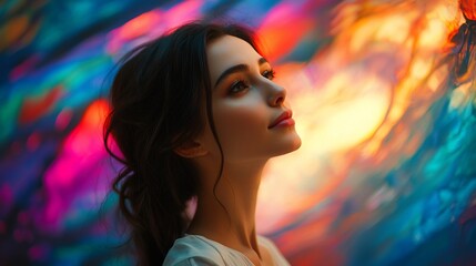 Woman, profile, colorful, background, lights, dreamy.