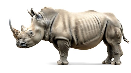 Obraz premium Strong rhinoceros with thick skin standing on white.