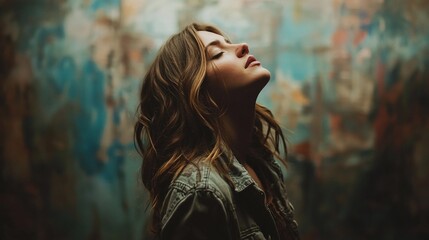 Obraz premium Serene woman with long brown hair, eyes closed, head tilted back against a blurred artistic background.