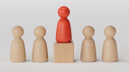Wooden person model among people, Leadership concept.3D rendering on white background.