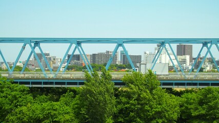 Obraz premium 初夏の江戸川に架かる葛飾橋風景