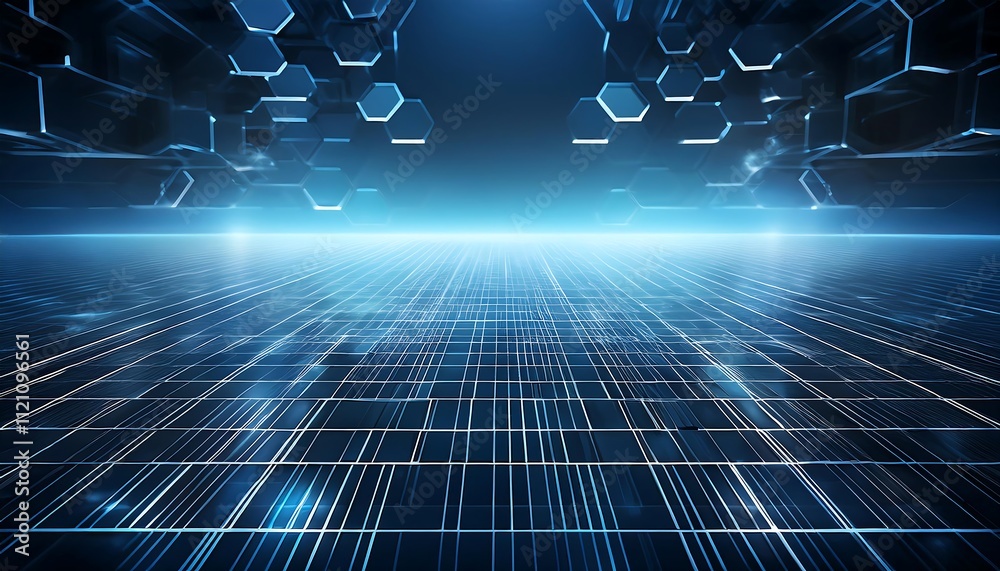 Aufkleber futuristic digital landscape with hexagonal patterns.