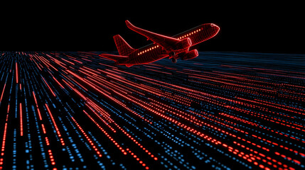 An aircraft taking off on a futuristic digital runway with glowing blue lines that represent aviation innovation and technology