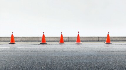 Minimalistic photograph: just asphalt and a few bright orange cones in a line, no vehicles, no workers, stark simplicity under natural light