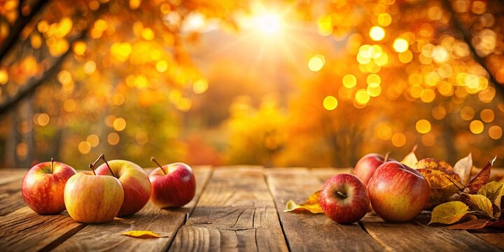 Rustic wooden table setting with ripe autumn apples and fallen leaves against a blurred bokeh background of golden foliage.