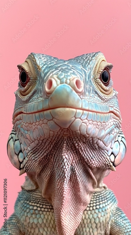 Poster In a captivating closeup, a green iguana displays intricate textures and colors, emphasizing its unique features against a warm pink backdrop, creating a striking contrast