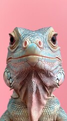 Fototapeta premium In a captivating closeup, a green iguana displays intricate textures and colors, emphasizing its unique features against a warm pink backdrop, creating a striking contrast