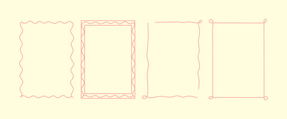 Set doodle scallop hand drawn frames with wavy lines and bow.. Minimalist simple line art. Trendy retro vintage whimsical borders for wedding invitations, birthday card, prints. Vector illustration.