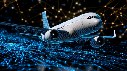 An aircraft taking off on a futuristic digital runway with glowing blue lines that represent aviation innovation and technology
