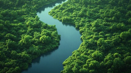 Naklejka premium Aerial view of a lush green forest with a winding river. Perfect for environmental, nature, and conservation projects.