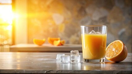 Refreshing glass of chilled orange juice with ice cubes and orange slices on a table