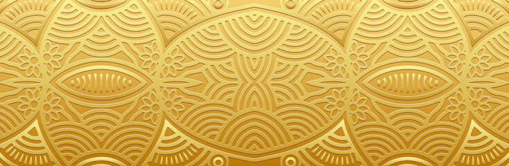 Banner, ethnic lace cover design. Geometric festive gold 3D pattern on gold background, embossing. Ornaments, arabesques, mandala of the East, Asia, India, Mexico, Aztec, Peru.