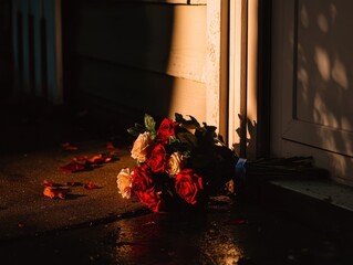 Sunlit Red and White Roses Bouquet Abandoned Outdoors