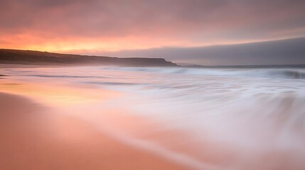 Obraz premium A tranquil beach at sunset with soft waves lapping the shore and the sky painted in shades of pink and orange 