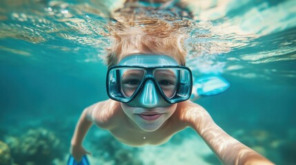 Naklejka premium Underwater Child Snorkeling Ocean Fun Summer Adventure Mask Fins