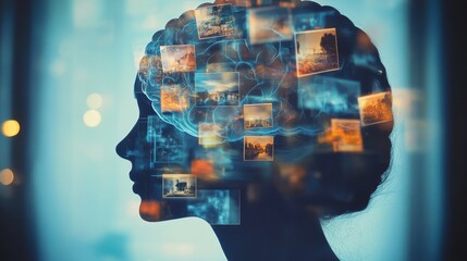 Alzheimer Disease, Digital Brain Memory, Images, Data, Mind, Thoughts, Vision, AI, Technology, Concept, Silhouette