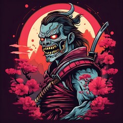 Samurai zombie with a katana against a red moon.