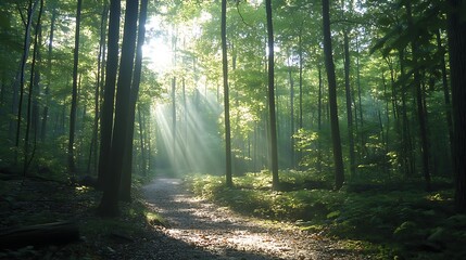 Obraz premium A tranquil forest trail with tall trees on either side and sunlight streaming through the canopy