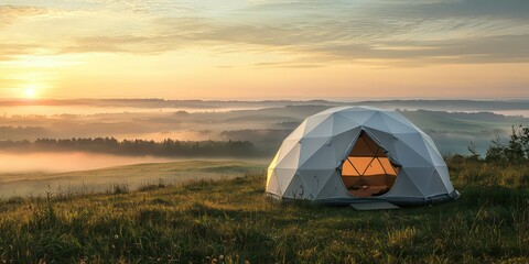 A dome-shaped camping tent with open flaps on a hilltop at sunrise, with beautiful morning light and fog.
