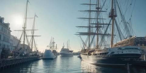 Obraz premium A serene harbor scene with tall ships and yachts moored along a sunlit waterfront.