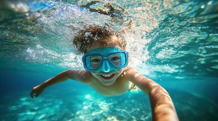 Naklejka premium Happy Child Underwater Snorkeling Summer Ocean Fun Adventure