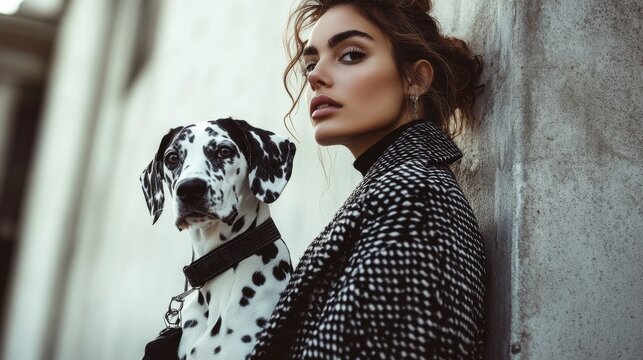 Fototapeta Elegant Woman, Dalmatian Dog, Urban Setting, Fashionable Coat, Chic Style, Outdoor Portrait, Monochr