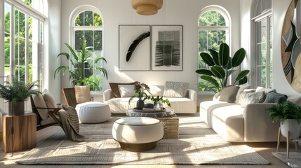 living room design concept featuring a modern style with green plants.