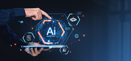 Conceptual image of AI assistant holographic interface with futuristic icons on digital tablet, symbolizing advanced technology and communication.