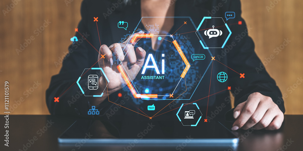 Poster ai assistant holographic interface concept with futuristic graphics and icons on a transparent scree