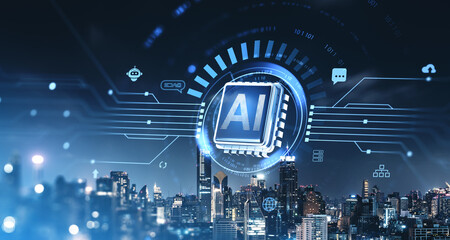 Futuristic AI technology concept with holographic chip over a cityscape at night.