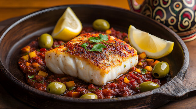 An Artistic Culinary Composition of Pan-Seared Cod Fillet Graced by a Bold Chraimeh Sauce on a Textured Wooden Surface