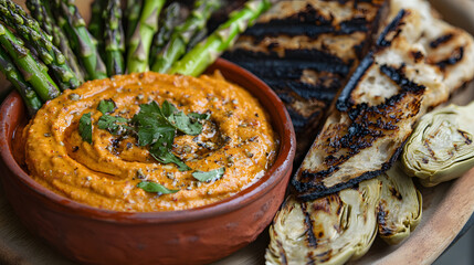Inviting Romesco Sauce with Grilled Vegetables and Fluffy Bread in a Warm Mediterranean Environment