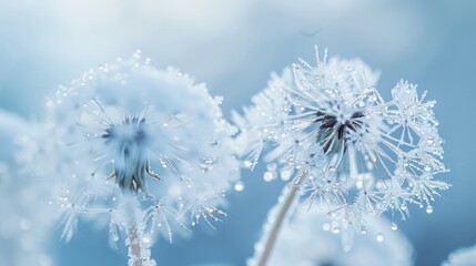 Obraz premium cool frozen freezer fluffy snowflake dandelion flower seed close up dew drop white blue background