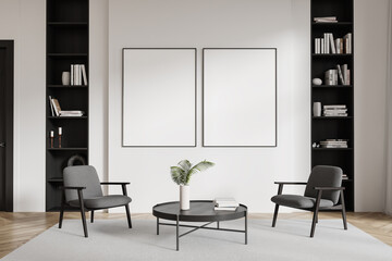 Modern minimalist living room with armchairs, bookshelves, and blank frames on white walls. 3D Rendering