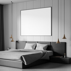 Fototapeta premium Modern bedroom interior with gray bed and blank frame on white wall. 3D Rendering