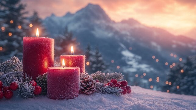 Christmas red candles with decoration in the snow. Empty space for text.
