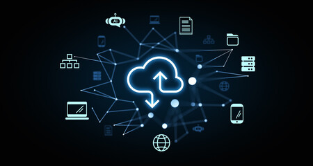 Neon cloud icon surrounded by data storage and technology elements on dark background, representing online network and remote data transfer. 3D Rendering