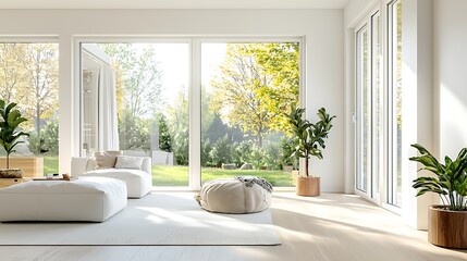 Fototapeta premium A large open living room with white walls and furniture