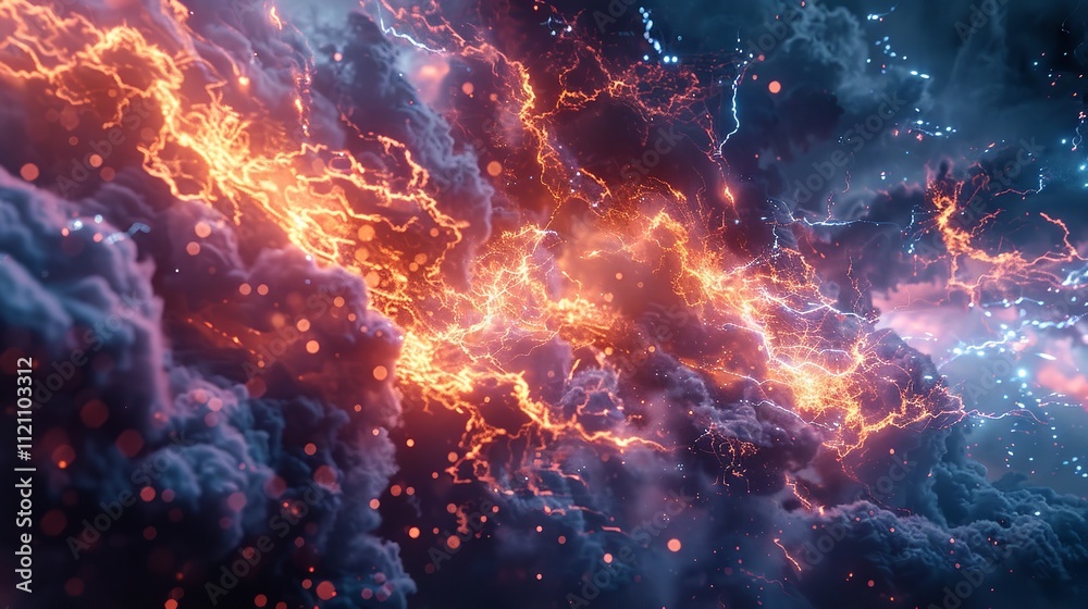 Wall mural this photo depicts a striking lightning abstract image of a black background illuminated by multiple