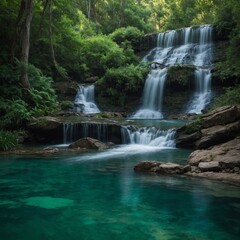 Fototapeta premium A soft waterfall flowing into a peaceful, emerald-green pool.