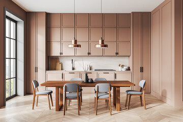 Modern kitchen interior with wooden furniture, soft pink cabinetry and stylish dining area. 3D Rendering