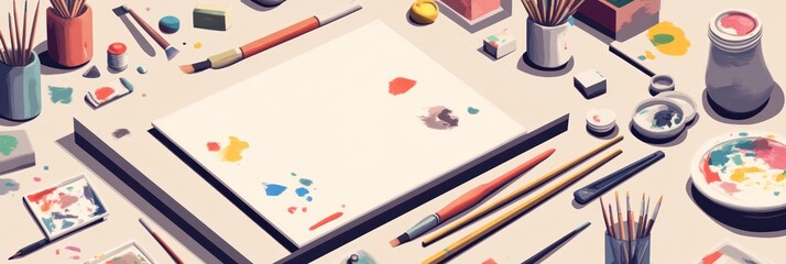 A vibrant artist's workspace featuring tools and materials for painting.