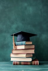A stack of books with a graduation cap and diploma on a green chalkboard background, with space for text. Stock photo contest winner, graduation cap and books on blackboard