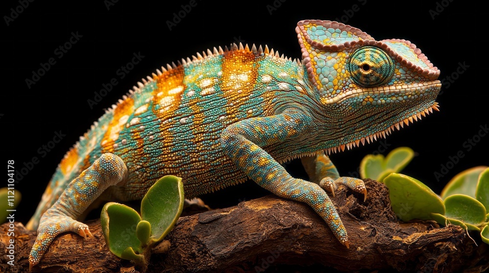 Poster A beautifully colored chameleon Furcifer rests on a branch surrounded by green foliage. Its intricate patterns and bright hues create a stunning display of nature's artistry