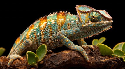 Obraz premium A beautifully colored chameleon Furcifer rests on a branch surrounded by green foliage. Its intricate patterns and bright hues create a stunning display of nature's artistry