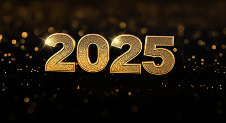 The number "2025" in gold illuminated by sparkling golden lights on a dark background, evoking festivity and warmth