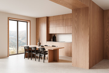 Fototapeta premium Modern minimalist kitchen interior with wooden cabinets, dining table, and chairs in natural tones overlooking scenic landscape through a window. 3D Rendering